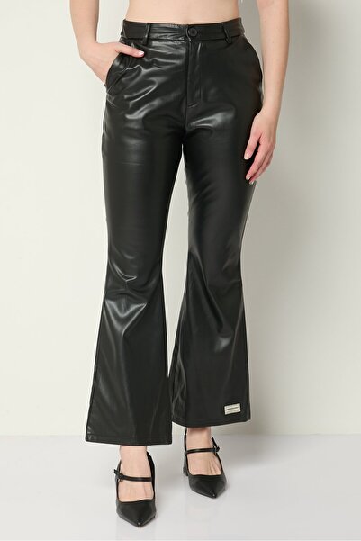 The Giving Movement Women Regular Fit Solid Leather Wide Leg Pants, Black