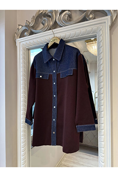 Invee Kadın Denim Detaylı Gömlek Ceket - Mürdüm