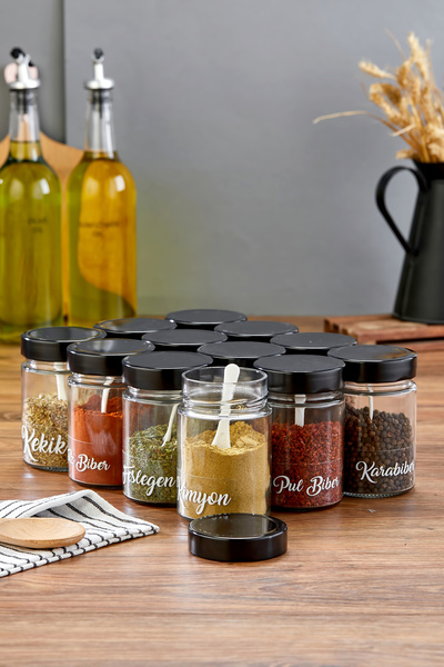 MODA OZY 12-Pack 350 ml Black Metal Lid Spice Storage Container Glass Jars (P...