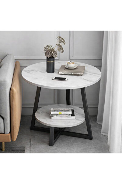 N.zone طاولة جانبية دائرية بسطح رخامي أنيق مع رف سفلي عملي وهيكل معدني أسود م...