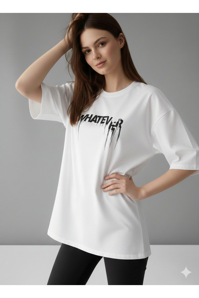 JENOLAN Tricou de damă negru/alb oversize, cu imprimeu What Ever, din bumbac ...