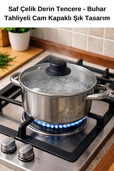 MODA Stylish Design Pure Deep Steel Pot with Steam Release and Glass Lid 18 cm