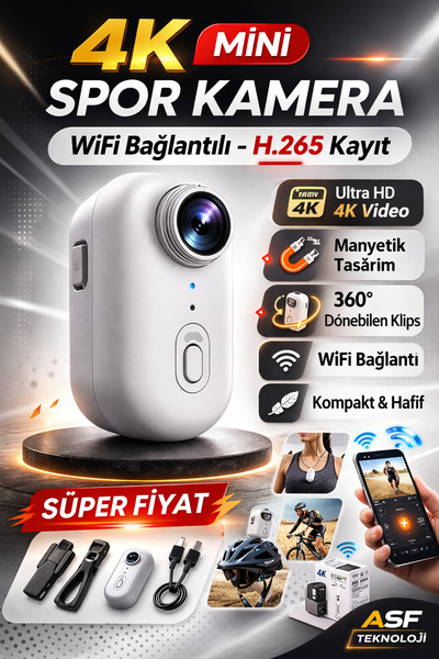 asfteknoloji 4K WiFi Mini Spor Kamera H.265 Kayıtlı Manyetik Klipsli Ultra HD...