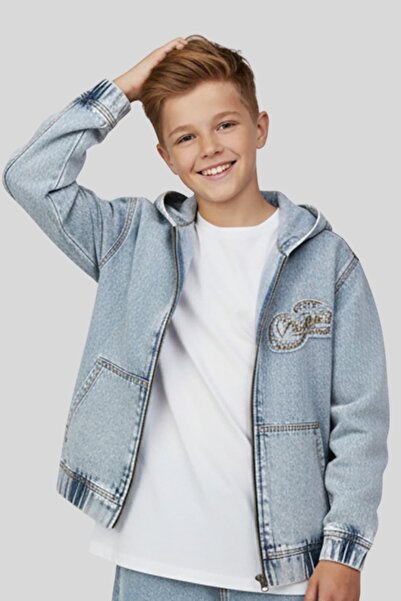 ww waka waka kids store Boy's Hooded Denim Jacket with Embroidery Detail on t...
