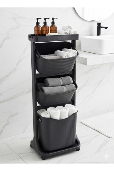 LeesHome Büyük Boy Siyah 3 lü Banyo sepeti ve Komidin Sebzelik Şifonyer teker...