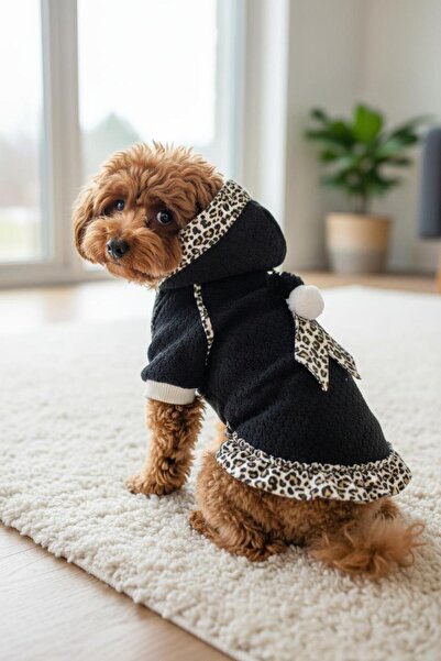 Kemique Black Leopard Patterned Hooded Dog Dress |   Polar Fabric |   5.5 - 7 kg