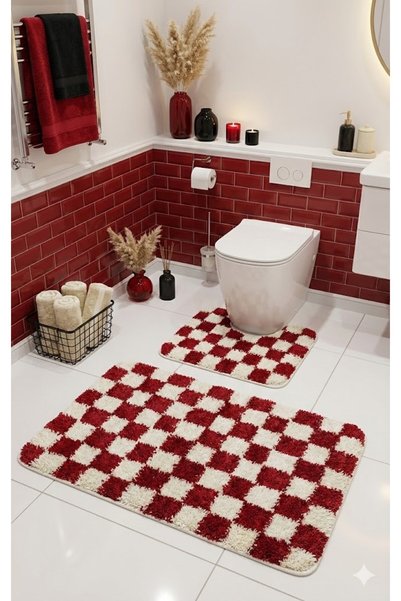 EUROBANO Chess Dama Patterned Latex Non-Slip Base Machine Washable 2-Piece Bohemian Bath Mat 80X50 50X40 cm