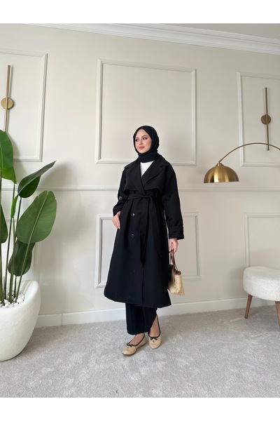 ensade Lined Oversize Patterned Epaulet Detail Buttoned Design Trench Coat