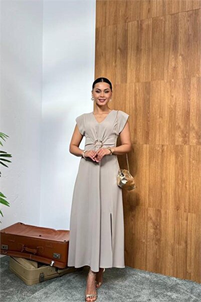 Neşeli Butik Women's Beige Waist Buckle Detailed Slit Full Length Dress Nbmy3865