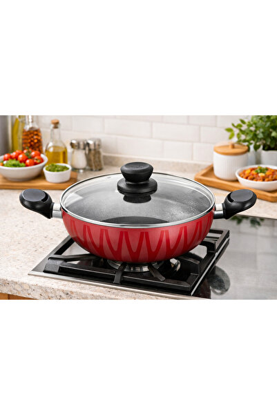 Bin Shihoun 🍳 28cm Deep Fryer with Glass Lid – Modern Red Design for Perfect...