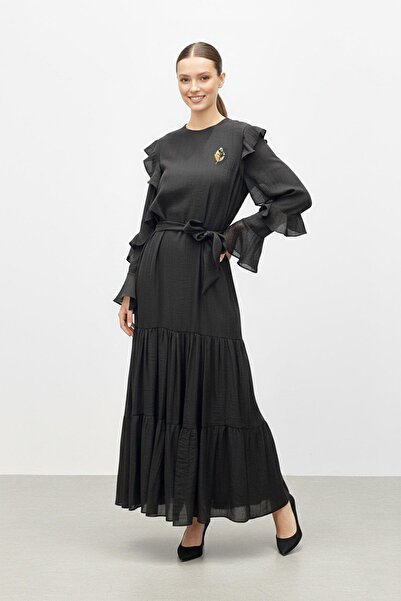 Puane Ruffle Sleeves Belted Layered Long Dress Black 12673