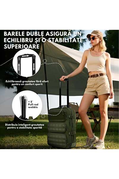 VisionHub Rucsac troler 2 în 1, VisionHub®, bagaj de mână cu roți, poliester 900D impermeabil, 37L, verde militar