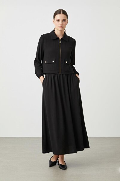 Puane Zippered Jacket and Elastic Waist Skirt Set Black 14436