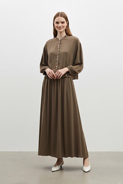 Puane Set bluză cu nasturi cu aspect de piatră și fustă lungă pentru femei MA...