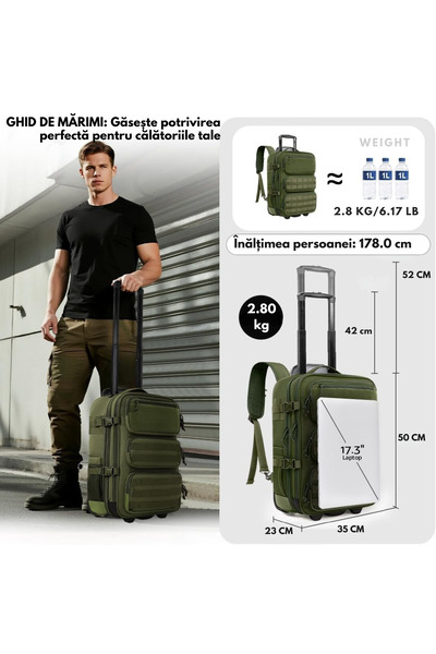 VisionHub Rucsac troler 2 în 1, VisionHub®, bagaj de mână cu roți, poliester 900D impermeabil, 37L, verde militar