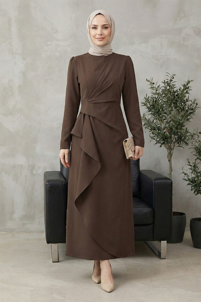 FERHEL Crew Neck Asymmetrical Unlined Crepe Dress with Half Zipper at the Bac...