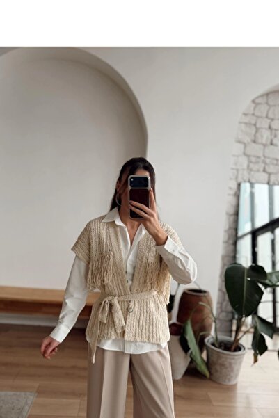MODAMERSİ Women's Cream Tassel Detailed Belted Knitwear Cardigan