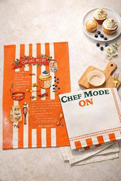 Lasviah Cupcake Patterned Orange Kitchen Towel & Drying Cloth Double Set 35X50