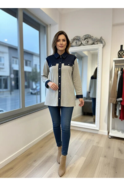 Invee Denim Detailed Shirt Jacket 7203 Beige