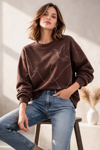 Pink Export Taş Detaylı Club Kuş Sweatshirt