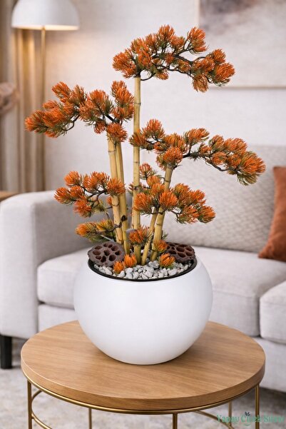 Yapay Çiçek Sitesi Beyaz Küre Saksıda Modern Minimal Tasarım Yapay Bonsai Ağa...