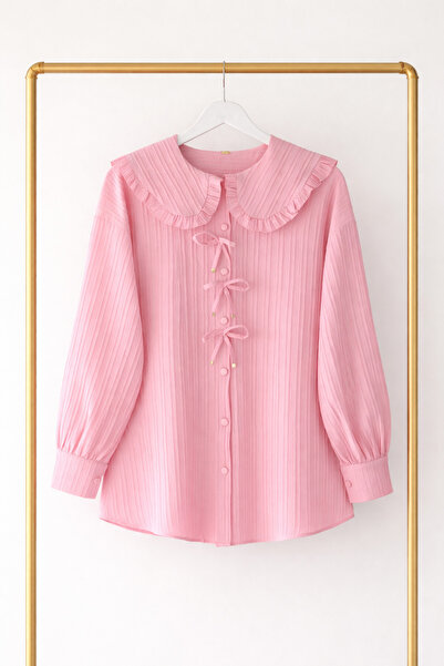 Kirazgym Women's Stylish Pleated Ruffle Collar Tie Detail Long Sleeve Blouse ...