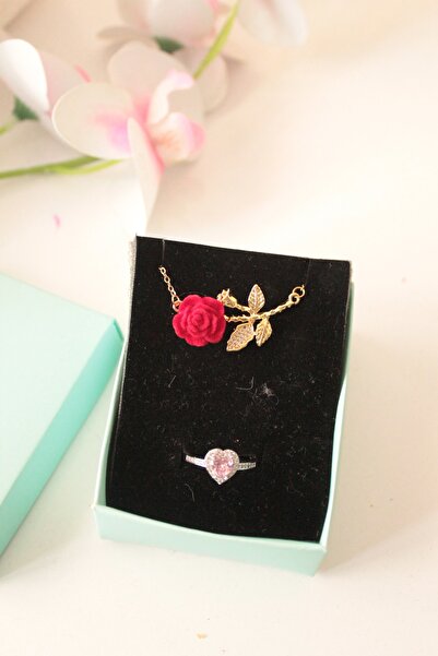 Kudi Oyuncak Red Rose Horizontal Necklace and Zircon Stone Ring Lover Set
