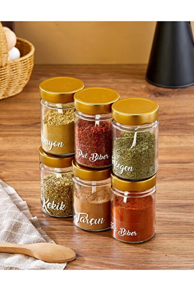 MODA OZY Set of 6 350 ml Glass Spice Storage Containers with Gold Metal Lids ...