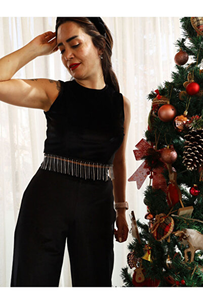 Burcu Özpıranga ZRA BLUZ PANTOLON SİYAH KADİFE TAKIM