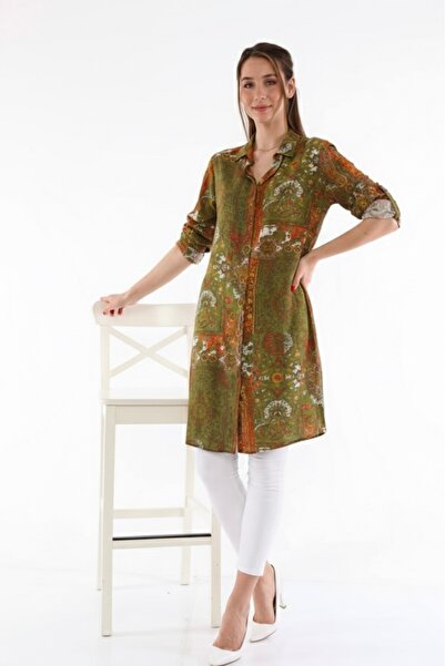 Polologin Butik Ethnic Patterned Viscose Long Shirt - Khaki/Orange