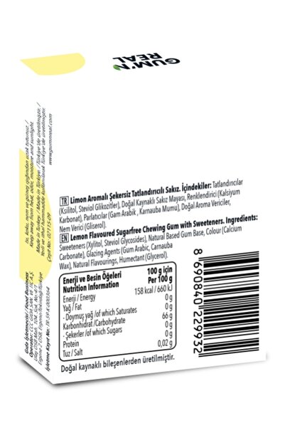 Ülker GUM'N REAL - Doğal Limon Aromalı Şekersiz Sakız - 23.2 gram - 8 Adet