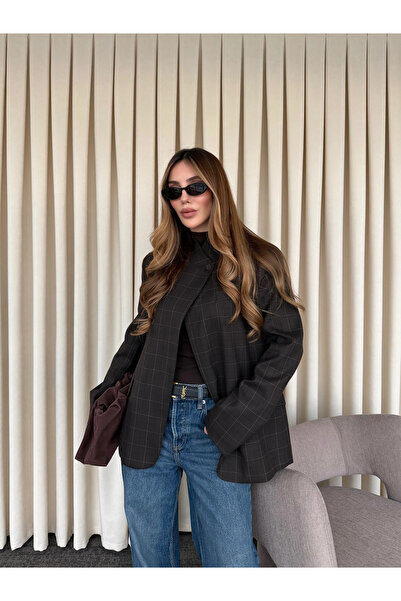 Laluvia Brown Hakim Collar Plaid Jacket - 4103