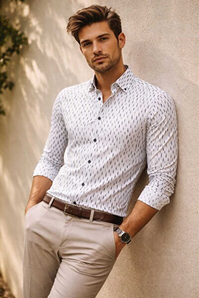 Louis Fabel Long Sleeve Men's Shirt with Navy Blue Brushstroke Pattern on Whi...