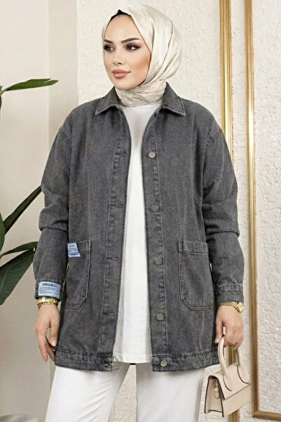 Hb Harma Time Butik Women's Gray Denim Jacket with Buttoned Pockets