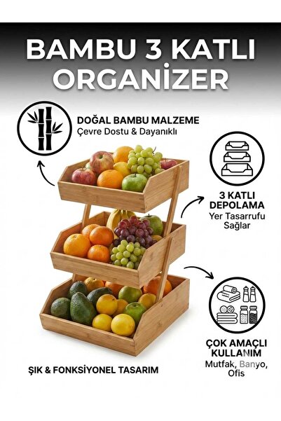 LOVYCO Doğal Bambu Meyvelik ve Sebzelik - Tezgah Üstü Mutfak Düzenleyici Orga...