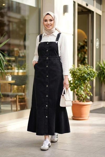 Hb Harma Time Butik Women's Adjustable Strap Buttoned Pocket Jeans Black Salopet