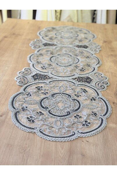 Ceki Home Table Top Table Runner , Tablecloth Table Runner I French Lace Detailed Single Table Runner 41 X 120 cm Alya