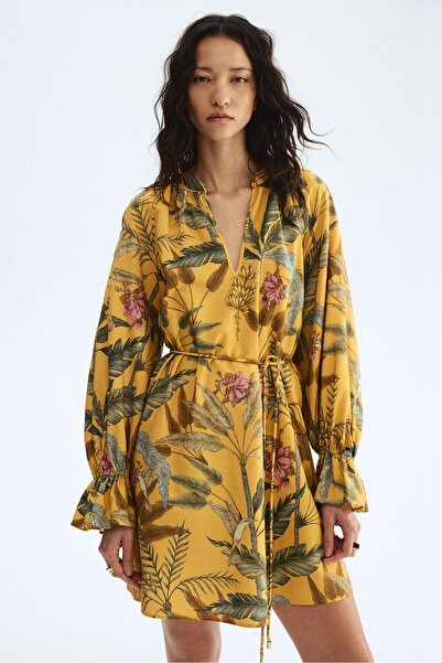 H&M Keten Karışımlı ve Kuşaklı Elbise