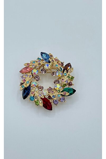begüm jewelery KRİSTAL RENKLİ DAMLA TAŞLARLA SÜSLENMİŞ GOLD TASARIM BROŞ