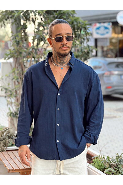 manch collection Oversize Crinkle Linen Shirt Navy Blue