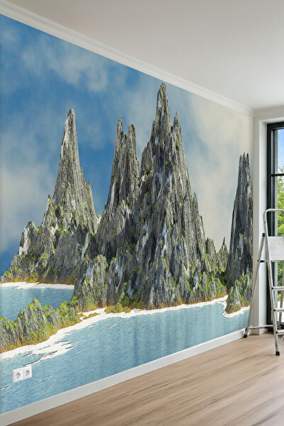 MİRAZAWALL Kayalık Sahil ve Zirve Dağ Manzaralı Tek Parça Tekstil Duvar Kağıdı