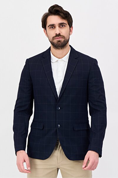 CELIO Men Slim Fit Checkered Semi-Formal Blazer, Navy