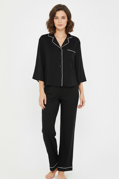 Laperissa Μαύρο Κομψό Σετ Πιτζάμες από Βισκόζη με Κουμπιά και Ριμπ Τελειώματα
