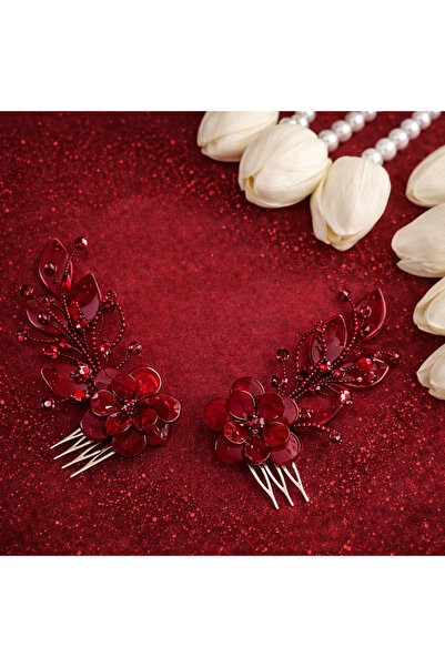 PIRILTI Tasarım Kırmızı Gelin Saç Aksesuarı Kristal Taşlı Çiçekli Tarak Seti ...