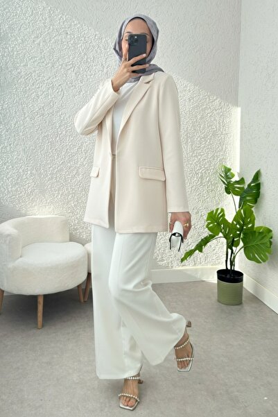 FERHEL Women's Single Button Lycra Jacket with Pockets - Cream