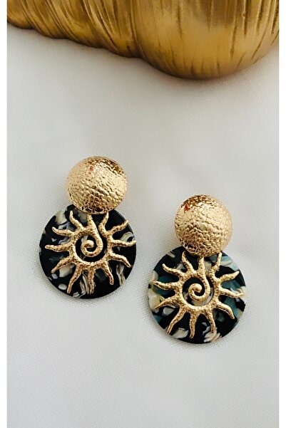 VNS Accessories Ebruli Bone Plate Earrings with Embossed Sun Figures (5.5 cm)