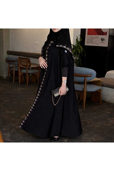 Lamsa Ghala Abaya - Black Linen Abaya - Quarter-Circle Cut - With Luxurious, ...