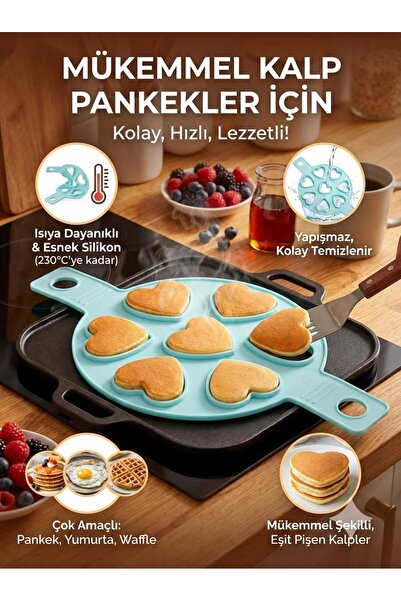 LOVYCO Fireproof Non-Stick Silicone Pancake and Egg Mold - 7-Cavity Heart Ome...