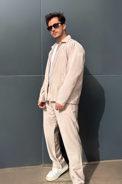 sunfyre Men's Regular Fit Shirt Collar Zipper Linen Bottom Top Set Sun268