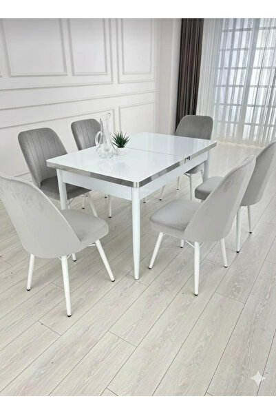 MEDA CONCEPT 6 Kişilik Açılabilir Yemek Masası Takımı Düz Beyaz Gümüş Pvc MDF...